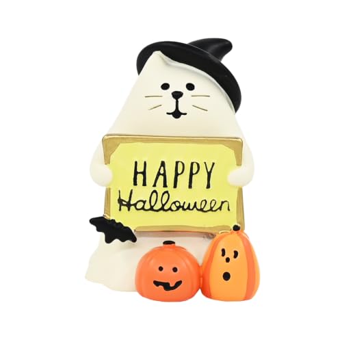 Halloween Ghost Cat Figurine - Cute Spooky Decoration with Witch Hat & Pumpkin - Mini Resin Halloween Gift - Ghost Variation