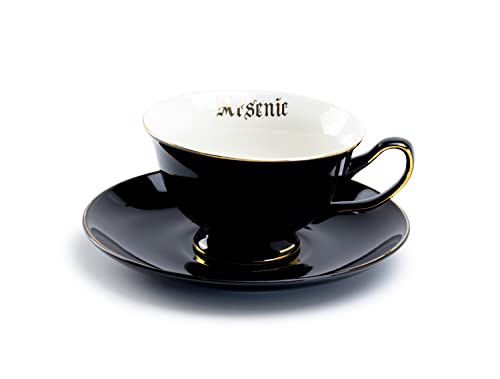 Black Skull Tea Cup and Saucer Set with Gold Trim - Halloween Decor