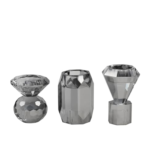 Smoky Grey Crystal Candle Holder Set of 3 - Elegant Glass Stand for Pillar Taper Tealight Candles, Wedding & Holiday Decor