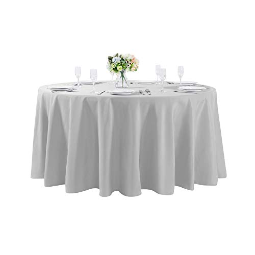 Round 132 Inch Silver Tablecloth - Washable Polyester for Weddings & Events - Decorative Table Cover