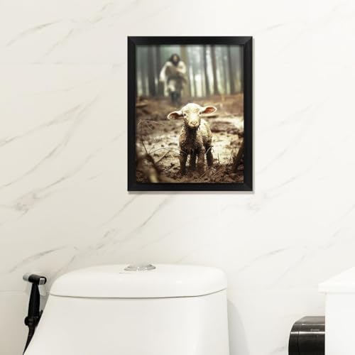 Christian Wall Art Jesus Chasing Lost Lamb Framed Canvas 16x20 Navy