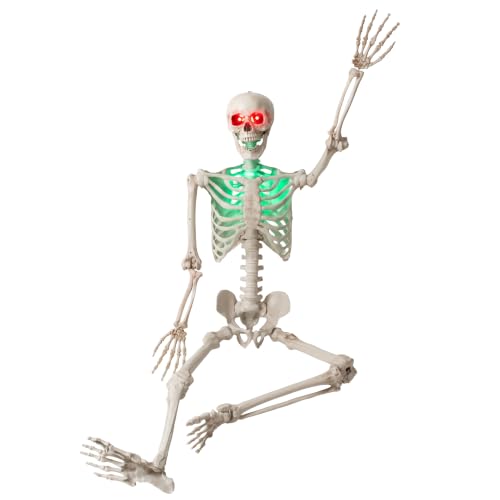 Full Body Skeleton Halloween Decoration - Life Size Posable Skeleton with Light-Up Eyes & Body, 5.2 ft