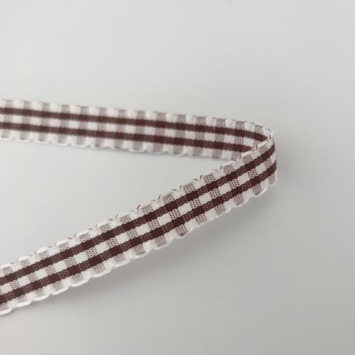 Brown and White Gingham Ribbon with Lace Edge - 3/8 Inch, 25 Yards