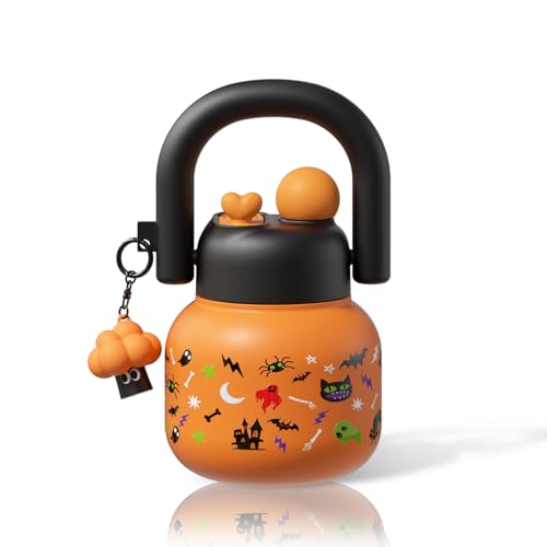 22 oz Insulated Halloween Orange Water Bottle with Handle, Leakproof, Ghost & Bat Icons