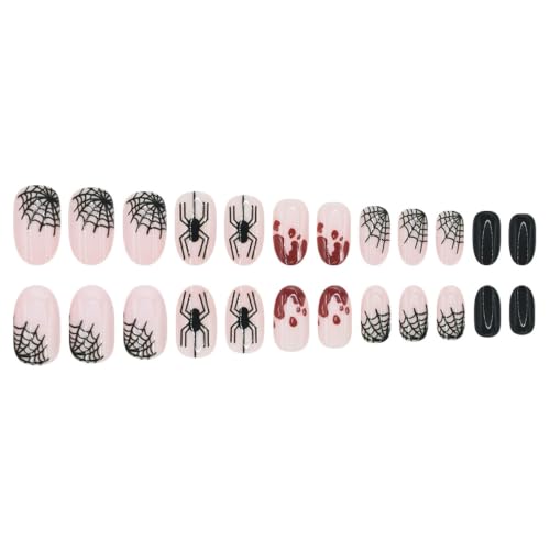 Halloween Short Oval Press-On Nails - Blood, Spider & Cobweb Design - Style-06