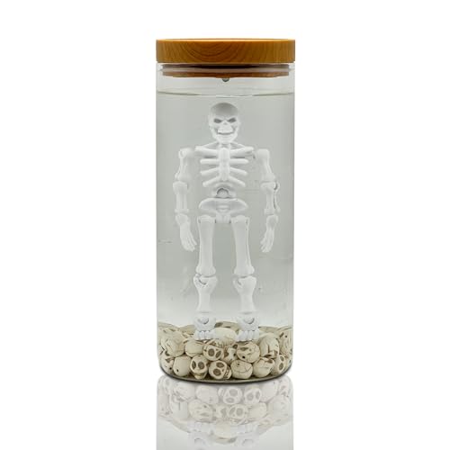 Skeleton Water Lamp - Creepy Horror Skeleton in Jar with Skulls, White - Halloween Decor & Collector Gift