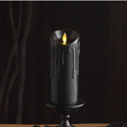 Black Wax Drip Flameless Candle Set - 3 x 6.5 Inch LED Moving Flame Pillars with Timer
