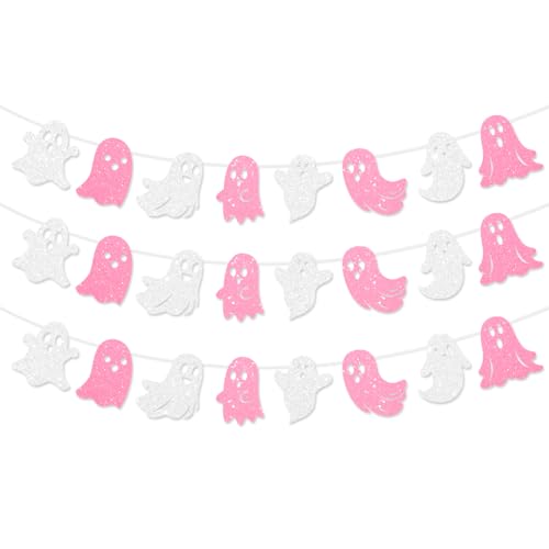 3 Pack Glitter Halloween Ghost Banner - Pink & White Hanging Decorations for Haunted House & Party