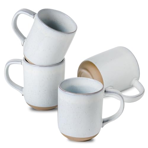 White Ceramic Coffee Mug Set of 4 - 14oz Large Handle Stoneware Tea Cups for Latte & Cappuccino