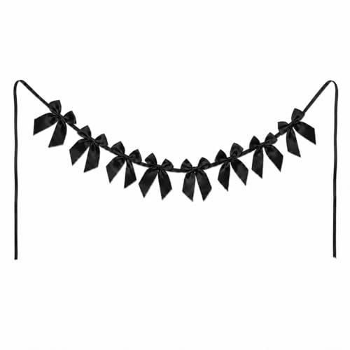 Black Satin Bow Garland - Pre-Strung Party Banner for Celebrations - Black