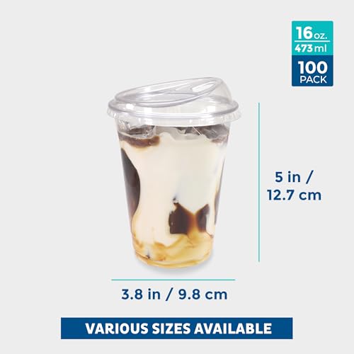 16 oz Disposable Plastic Cups with Strawless Sip Lids - 100 Pack Clear Tumblers for Parties