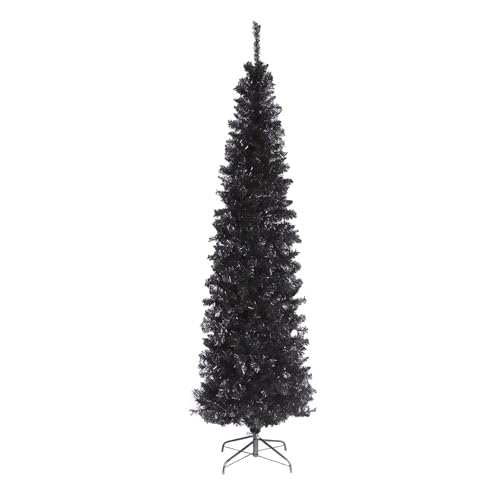 Black 6ft Artificial Tinsel Christmas Tree - Unlit Slim Holiday Tree with Full Branch Tips