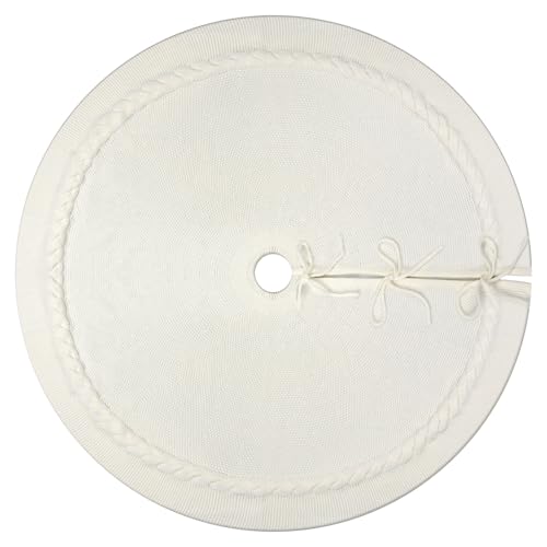 White Boho Cable Knit Christmas Tree Skirt - Small 36 Inch Rustic Farmhouse Decor