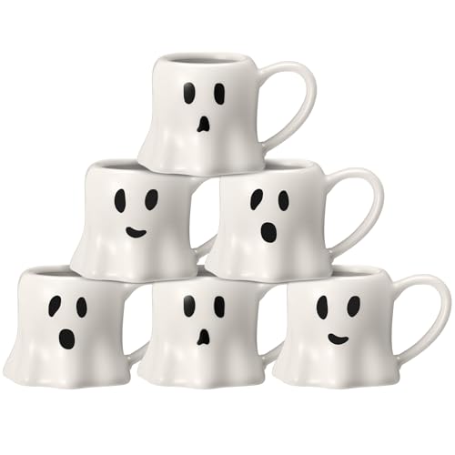 White Ghost Mug Set - Halloween Ceramic Coffee Cups 11 oz, 6 Pieces