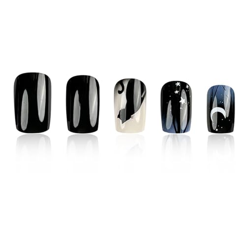 Moon and Stars Press On Nails - Black Cat Night Sky Square Medium 39 - Reusable Gel Glue