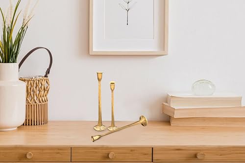 Set of 3 Wrought Iron Taper Candle Holders - Gold Rustic Decor for Wedding & Home