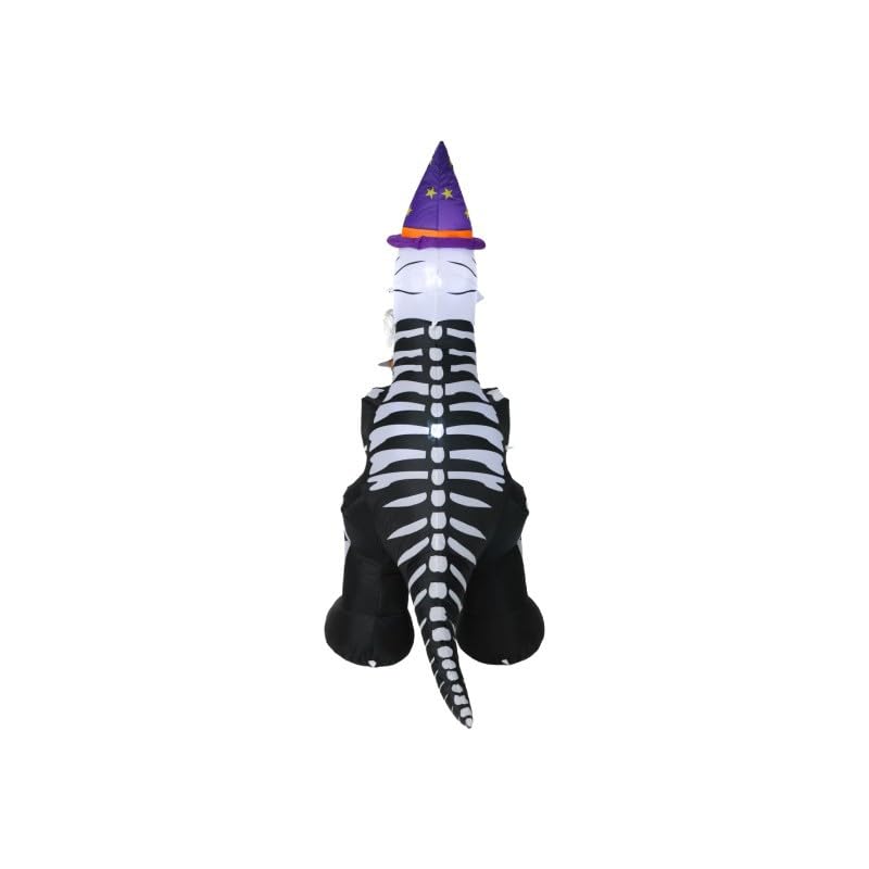 Halloween Inflatable Skeleton Dinosaur with Witch Hat - Curved Light Up Yard Decoration