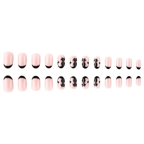 Halloween Style2 Short Oval Press-On Nails with Cute Cat Designs - Reusable Glue-On False Nails for Women, Manicure Decoration, 24 Pcs