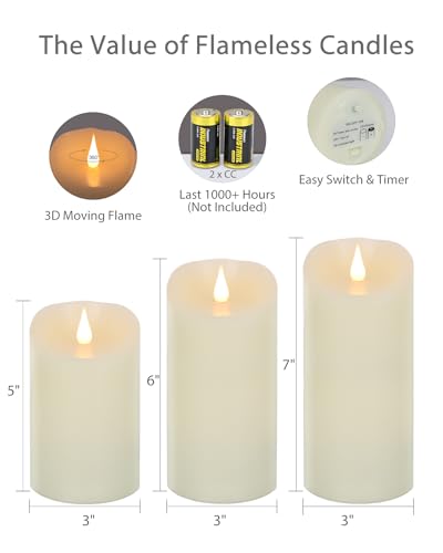 Flameless Candles Set of 3 - 3" x 5"6"7" Ivory LED Pillar Candles with Remote Timer - Real Wax, Flickering 3D Moving Flame, Last 1000+ Hours, Home Wedding Decor
