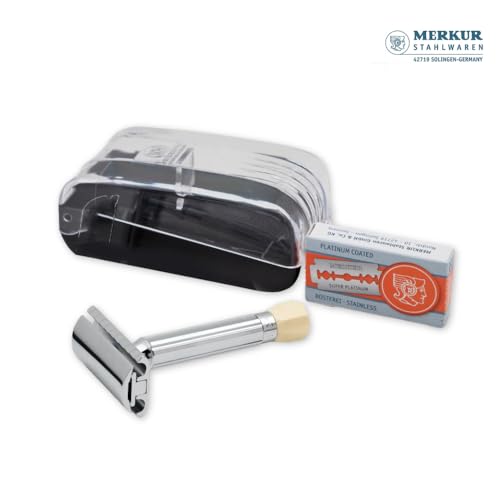 MERKUR 570 Shaving Set with 500C Adjustable Safety Razor, Short Handle, 10 Super Platinum Double Edge Blades & Protective Case, Precision Germany Design