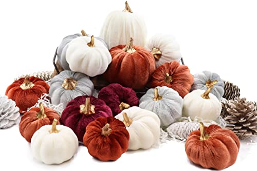 Velvet Pumpkins Fall Decor Set - Multi-Color Faux Autumn Harvest Halloween Thanksgiving Wedding Table Centerpieces - 18 Pieces