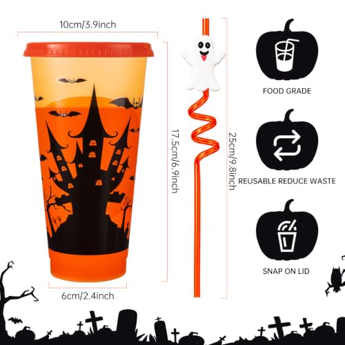 16 Pack Color Changing Halloween Plastic Cups with Lids & Straws - 24 oz Reusable Party Tumblers