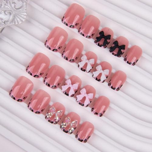 Medium Style Short Square Leopard Fake Nails Set with Bow Charms - Pink