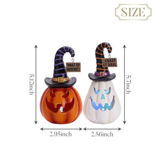 Medium Halloween Pumpkin Decorations Set - Resin Jack O Lantern Figurines with Light, Witch Hat, 5.7 Inches