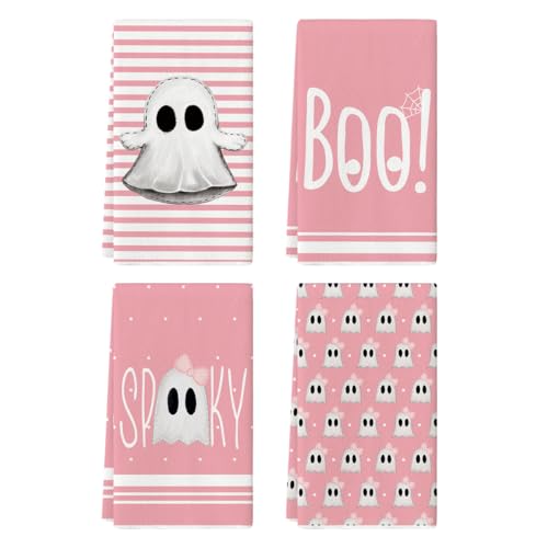 Pink Ghost Halloween Kitchen Towels Set of 4 - 18x26 Inch, Soft & Absorbent