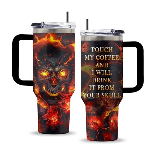Goth 40oz Stainless Steel Wicked Tumbler with Handle & Straw - Flame Skull Variation