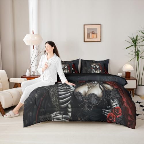 Black Red Queen Comforter Set with Sheets - Gothic Skeleton Bedding 7-Piece