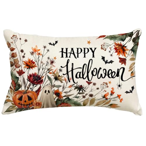 Halloween Pillow Covers 12x20 Inch Pumpkin Ghost Bat Decor - Black Variation