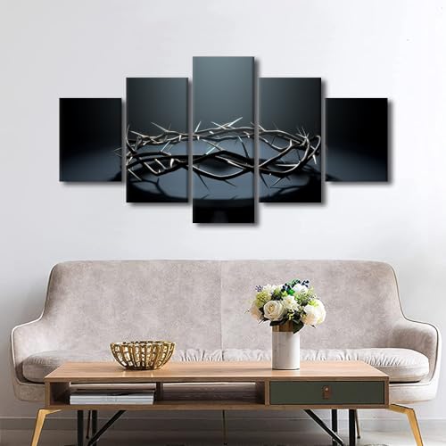 5 Panel Wall Art Christ Canvas Prints with Crown of Thorns - 60 x 32 Inches - Framed Modern Home Decor - Variation: 60''Wx32''H / Artwork-04