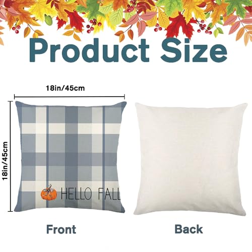 Blue Fall Pillow Covers Set - 18x18in Gray & Blue Buffalo Plaid Farmhouse Decor - Bule