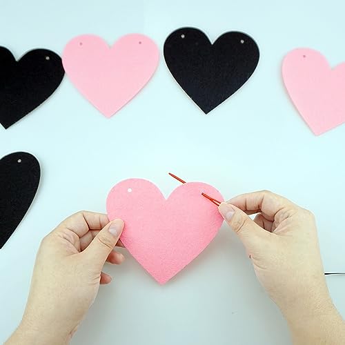 Black and Pink Felt Heart Garland for Gothic Wedding & Party Decorations