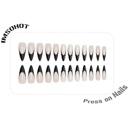 IMSOHOT Long Stiletto Press On Nails Black French Tips with 3D Designs - Variation 75-C42Black