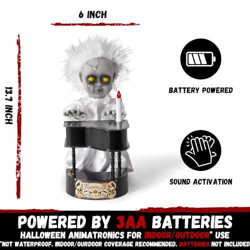 Halloween Animatronic Decor - Creepy Doll with Piano, Light Up Face & Sound Activation - 13.7'' Haunted House Prop - Variation: Animated Piano-Playing Doll