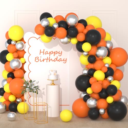 Construction Balloon Arch Kit - Orange Yellow Black Silver 122PCS Party Decorations