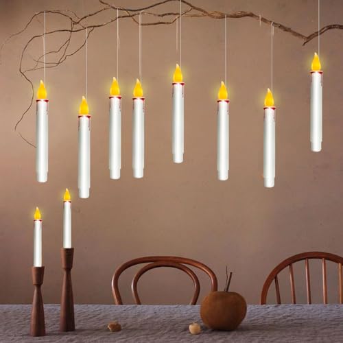 White Floating Candles with Remote - 10 Pack Flameless Hanging LED Taper Candles