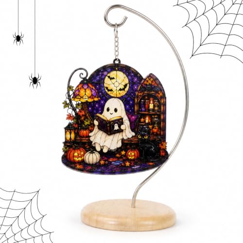 Ghost Reading Halloween Desk Ornament - Spooky Cute Ghost Decor with Stand, Indoor Holiday Gift