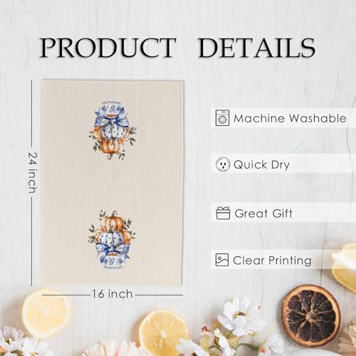 Blue Pumpkin Hand Towels Set of 2 - Kitchen & Bathroom Decor, Chinoiserie Bow