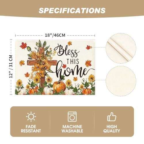 Rectangular Fall Floral Placemats Set of 4 - 12 x 18 Inch Beige Table Decor