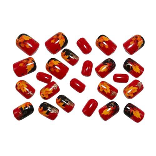 Fall Maple Press On Nails Short Square Glitter Leaves Design - Autumn Nails for Women - 24Pcs