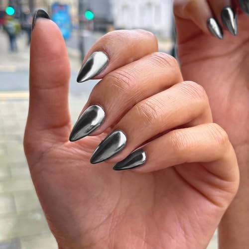 Black Chrome Almond Press On Nails - Medium Length Metallic Fake Nails for Women