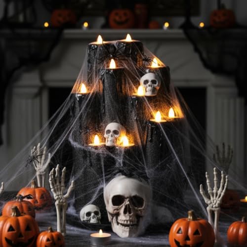 Halloween DIY Spooky Candle Holder Set - Spider Theme, Black Flameless Candles, Centerpiece