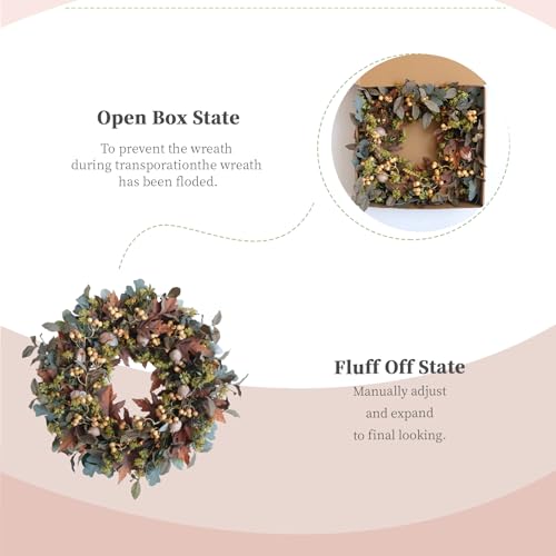 24-Inch Autumn Wreath with Maple Leaves and White Fruits for Fall Home Decor