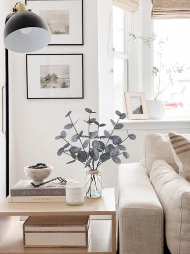 Black Faux Eucalyptus Stems in Glass Vase - Realistic Artificial Plants, 13.5" for Home Decor, Office & Farmhouse