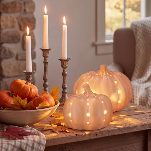 Set of 2 LED Terracotta Pumpkin Lanterns for Fall & Halloween Decor