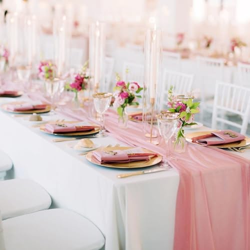 Dusty Rose Chiffon Table Runner Set - 10 Pieces 27x120 Inches Rustic Wedding Decor