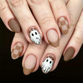 Halloween Almond Press On Nails - Ghost Checkered Brown Style-48 - Reusable Fake Nails